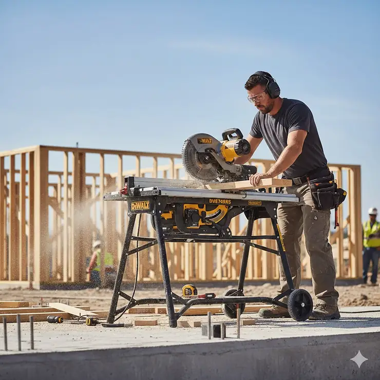 Professional contractor using a top-rated jobsite table saw under 600 dollars on a construction site.