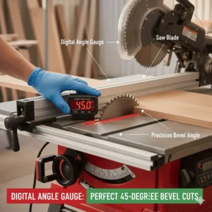 Using a digital angle gauge to set a precise 45-degree bevel on a jobsite table saw for perfect joinery.