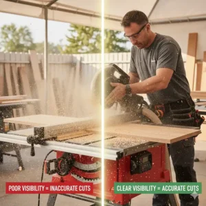 Comparison showing how clear visibility from good dust collection helps maintain cutting accuracy on a jobsite.