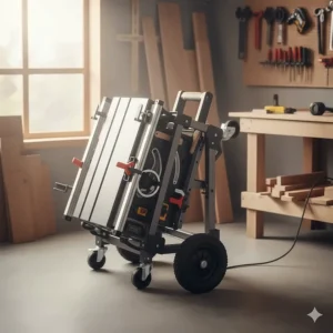 A compact jobsite table saw with the rolling stand folded down for easy transport and storage.