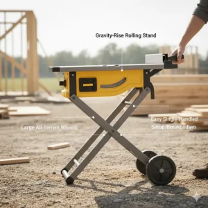 Diagram showing a jobsite table saw on a rolling gravity-rise stand being moved across uneven terrain.