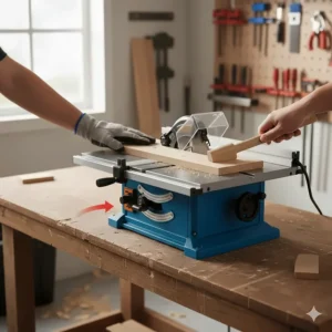 Proper technique for using a push stick on a benchtop table saw to prevent kickback.