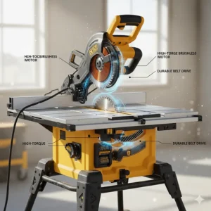 Illustration showing the internal high-torque motor of a heavy-duty jobsite table saw.
