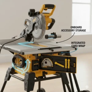 Illustration of the onboard storage compartment for miter gauges and push sticks on a table saw.