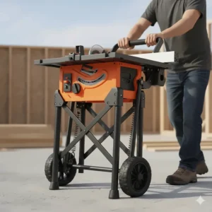 Compact jobsite table saw with a folding gravity-rise rolling stand for easy transport.
