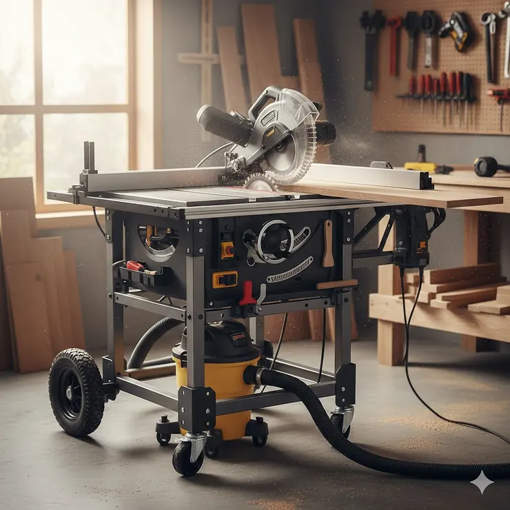 A heavy-duty jobsite table saw mounted on a collapsible rolling stand with wheels in a woodworking shop. jobsite table saw with rolling stand