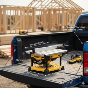 Scale drawing showing the compact dimensions of a portable table saw fitting into a standard truck bed.