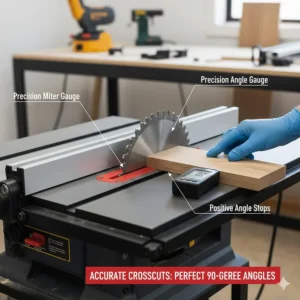 Close-up illustration of a high-quality miter gauge with positive stops for accurate crosscutting on a portable saw.