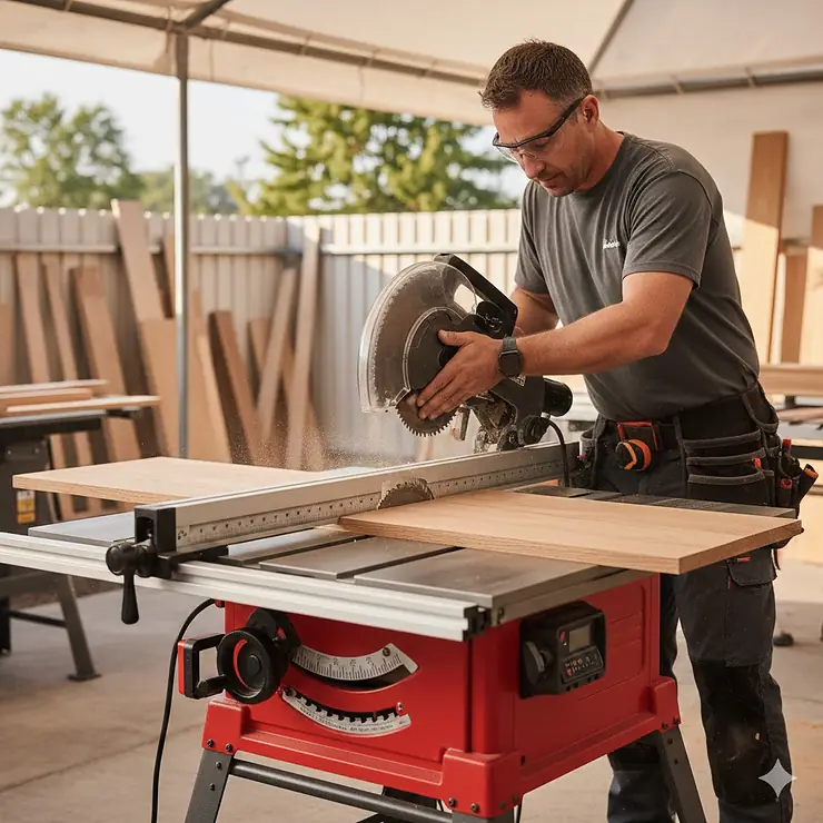 A professional woodworker using the most accurate jobsite table saw to make a precision rip cut on a clean oak board.