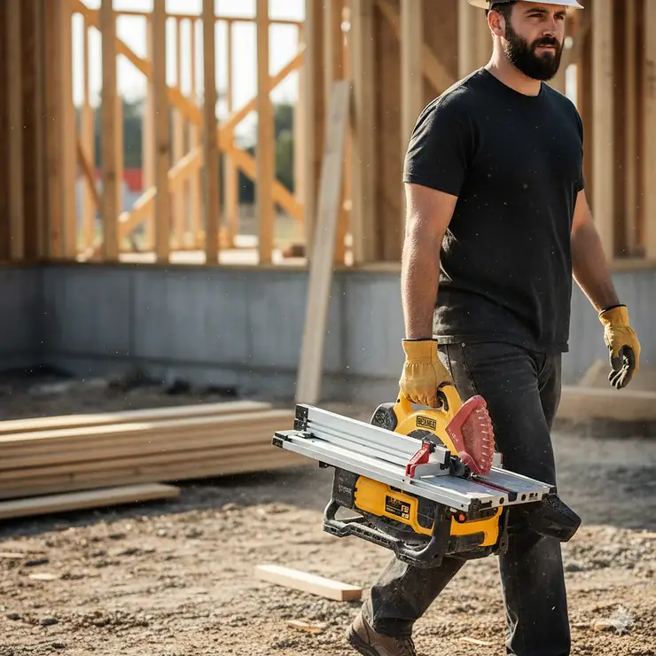 A professional contractor carrying the most portable jobsite table saw by its integrated handle at a construction site.