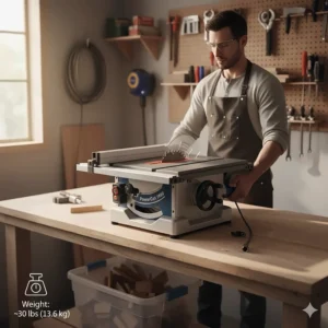Illustration of a woodworker easily lifting a lightweight benchtop table saw to demonstrate portability.