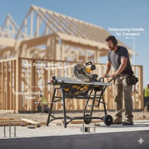 A compact jobsite table saw under 600 with a rolling folding stand for easy transport.