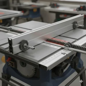 Detailed illustration of a rack and pinion fence system ensuring parallel alignment on an accurate jobsite table saw.