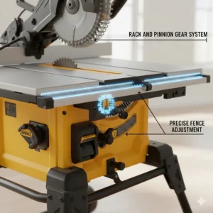 Detailed view of a rack and pinion fence system for precise cuts on a heavy-duty table saw.