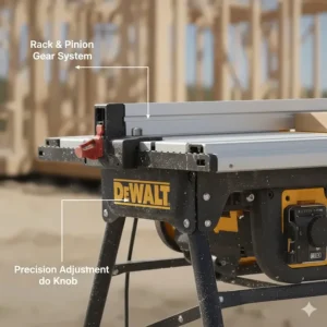 Close-up of a rack and pinion fence system on a budget jobsite table saw for accurate cuts.