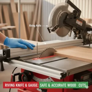 Diagram of a riving knife and guard assembly ensuring safe and accurate wood feeding through the table saw blade.