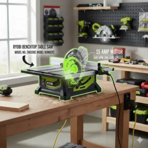 Technical graphic detailing the 15-amp motor and RPM specifications of the Ryobi benchtop model.