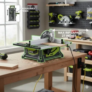 Illustration highlighting the fence adjustment and maximum rip capacity of a Ryobi table saw.