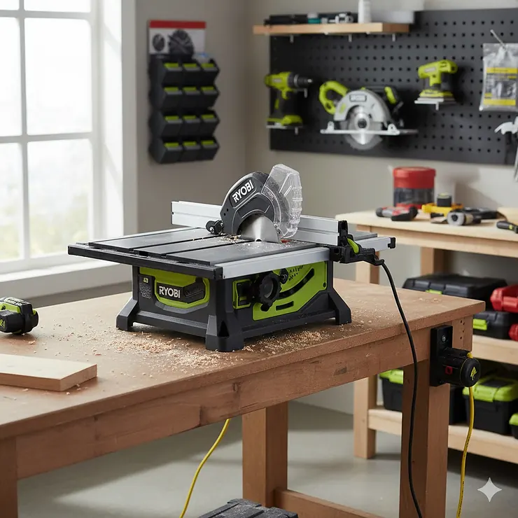 A Ryobi benchtop table saw set up on a wooden workbench in a home workshop.