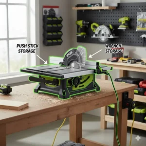 Illustration showing where the push stick and wrenches are stored on the side of the Ryobi saw.
