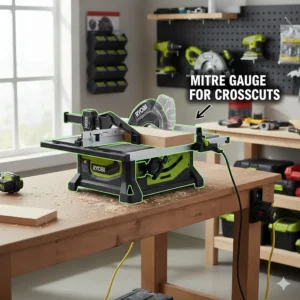 Graphic demonstrating how to use the mitre gauge for crosscuts on a Ryobi benchtop saw.
