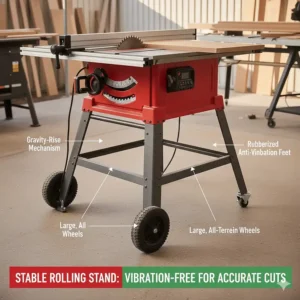 Illustration of a heavy-duty rolling stand providing a stable, vibration-free base for the most accurate jobsite table saw.