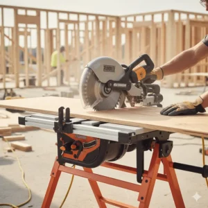 Illustration of a jobsite table saw blade tilting for an accurate 45-degree bevel cut.