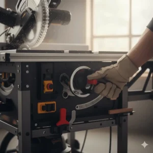 The front control wheel of a table saw being adjusted for precise 45-degree bevel cuts.