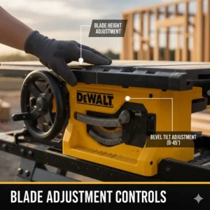 Illustration of the handwheels used for blade height and bevel angle adjustments on a 10-inch table saw.