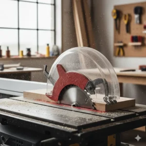 Detailed view of the safety blade guard and riving knife on a jobsite table saw to prevent kickback.