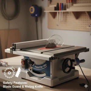 Detailed view of essential safety components including the riving knife and blade guard on a benchtop model.