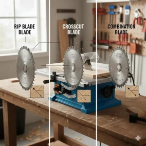 Comparison of different saw blades for a benchtop table saw based on wood grain.