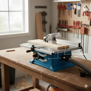 Connecting a shop vacuum to the dust port of a compact benchtop table saw.