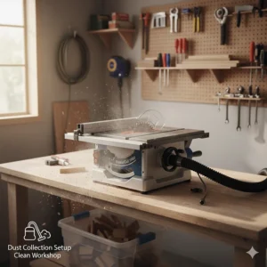 Close-up illustration of a vacuum hose attached to a benchtop table saw port to maintain a clean small shop.