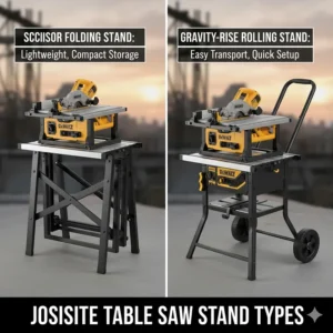 Comparison of scissor folding stands vs. gravity-rise rolling stands for jobsite saws.