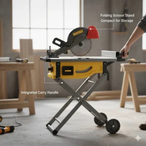 Illustration of a compact table saw with a folding scissor stand for easy transport and storage.