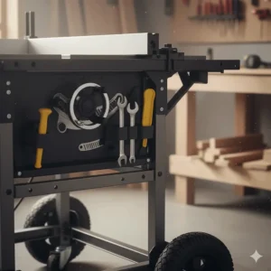 The side profile of a jobsite saw showing on-board storage for the miter gauge, push stick, and wrenches.