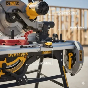 Onboard storage for miter gauges and push sticks on a compact table saw.