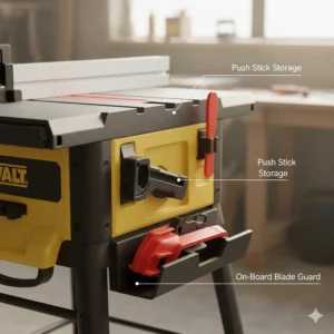 Close-up illustration of on-board storage for a miter gauge, push stick, and blade guard on a portable saw.
