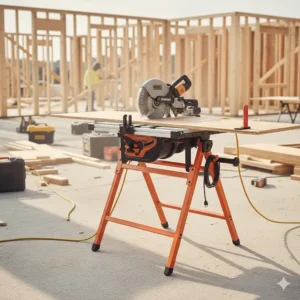 Diagram showing onboard storage for push sticks, miter gauges, and blade wrenches on a portable saw.