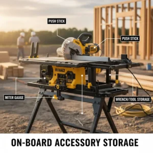 Illustration of on-board storage compartments for push sticks, miter gauges, and wrenches on a jobsite saw.
