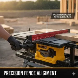 Diagram of a rack and pinion fence system providing accurate cuts on a portable table saw.