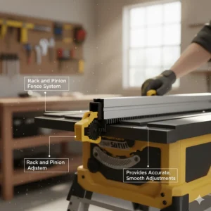 Detailed view of a rack and pinion fence system providing accurate cuts on a small portable jobsite saw.