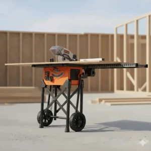 Technical diagram showing the wide rip capacity of a contractor table saw for cutting large plywood sheets.