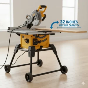 A technical diagram measuring the wide rip capacity of a heavy-duty jobsite table saw.
