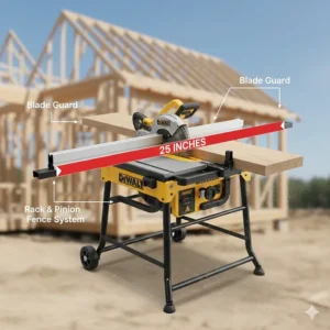 Diagram showing the 25-inch rip capacity of a portable jobsite table saw.