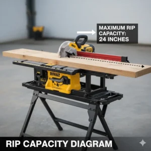 Illustration showing the rip capacity measurement of a jobsite table saw under 400 dollars.