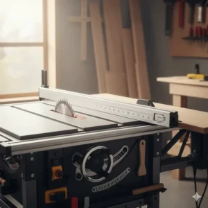 Close-up of a jobsite table saw fence system showing the wide rip capacity for cutting large plywood sheets.