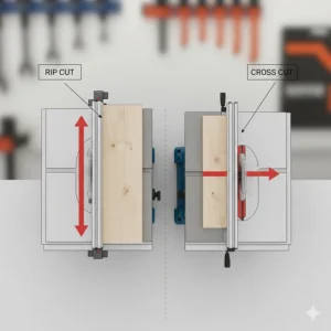 Illustration showing the difference between a rip cut and a cross cut on a beginner table saw.