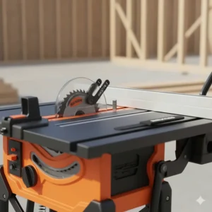 Close-up illustration of essential safety components including the riving knife and anti-kickback pawls.